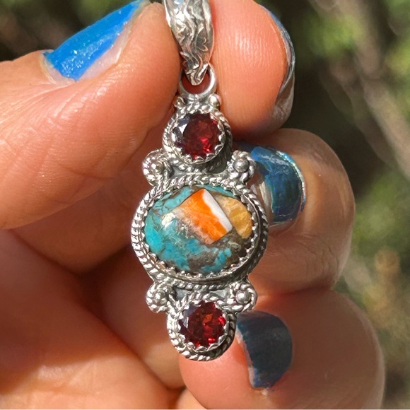 Genuine garnet and turquoise sterling silver 925 pendant. - Picture 5 of 7